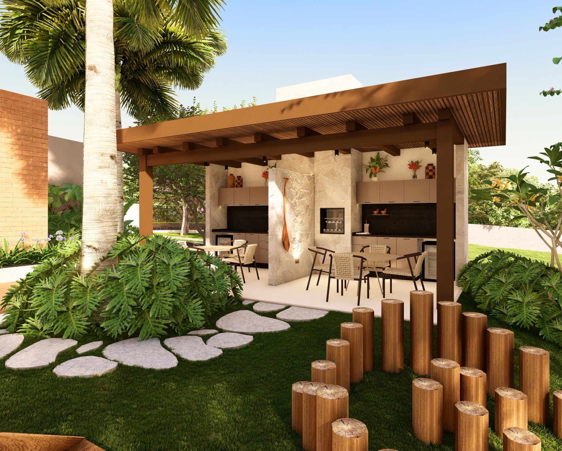Área gourmet do Ivaí Residence com pergolado e paisagismo